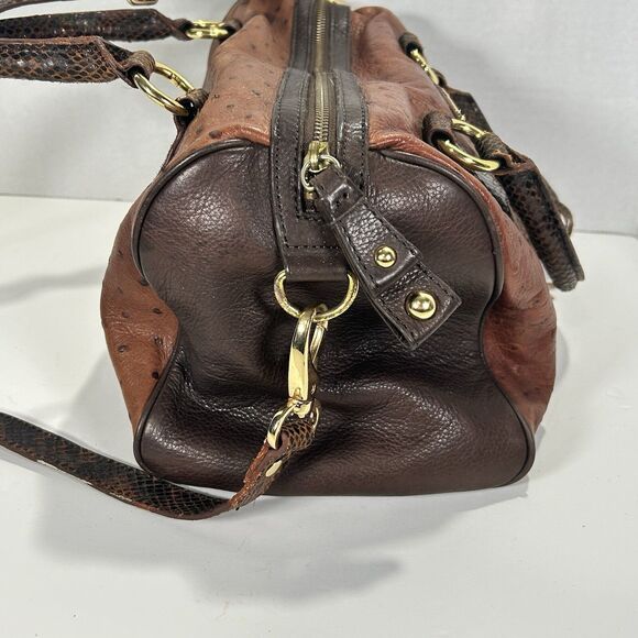 Cynthia Rowley Large Two Tone Brown Leather Satchel Snakeskin And Ostrich Print - Picture 3 of 16